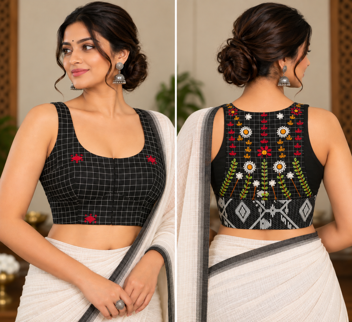 Black Razor-Cut Jamdani Blouse with Back Hand Embroidery