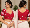 Red Jamdani Blouse with Sleeves & French Knot Embroidery