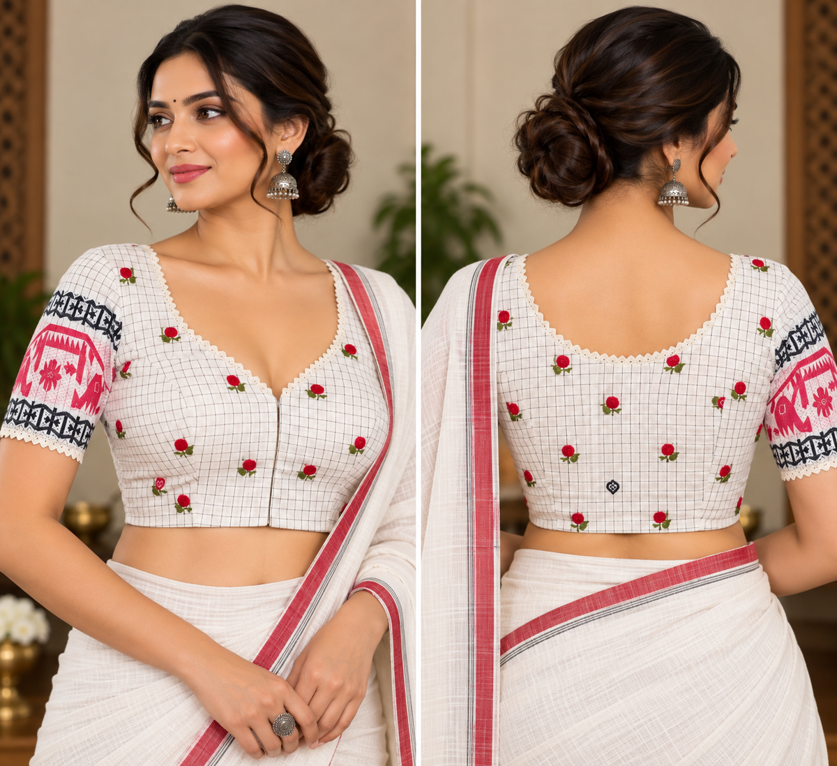 White Jamdani Blouse with Sleeves & French Knot Embroidery