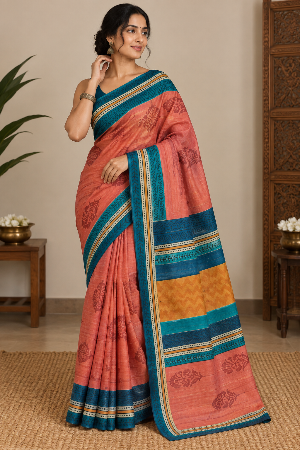 Coral & Teal Digital Print Tussar Silk Saree
