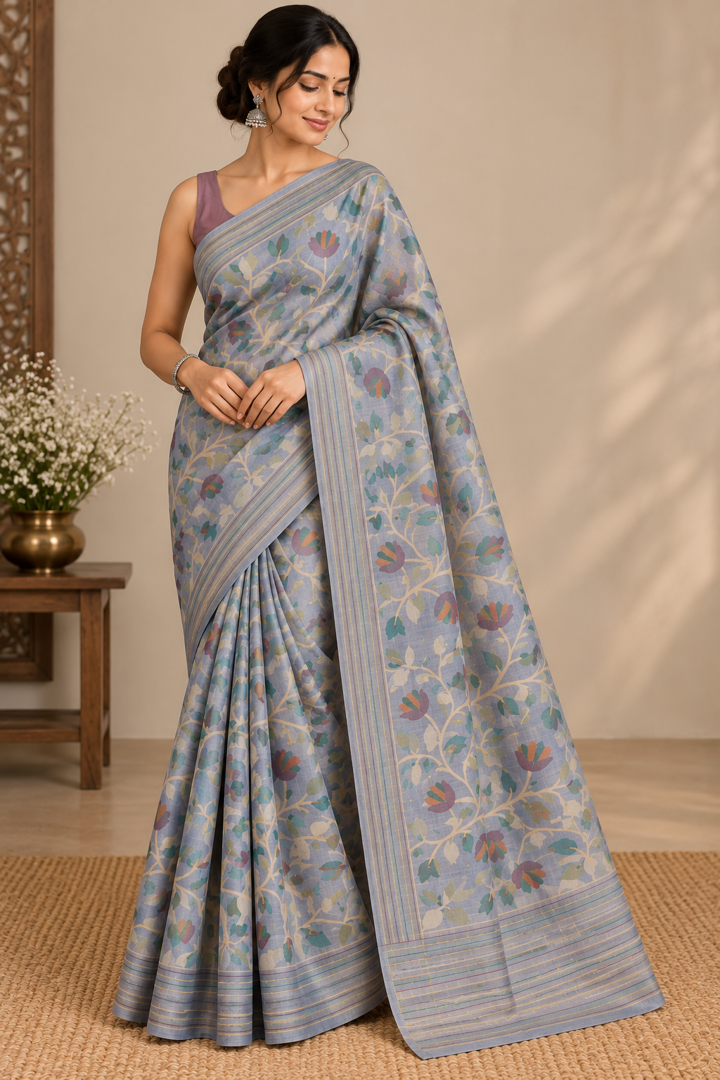Misty Blue-Grey Pure Tussar Jamdani Saree