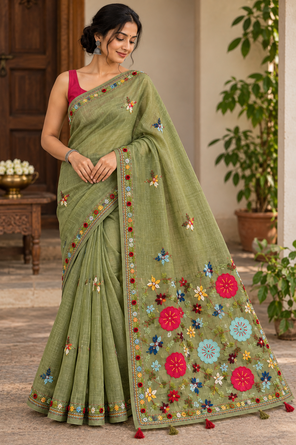 Olive Green Linen-Cotton Saree with Hand Embroidery
