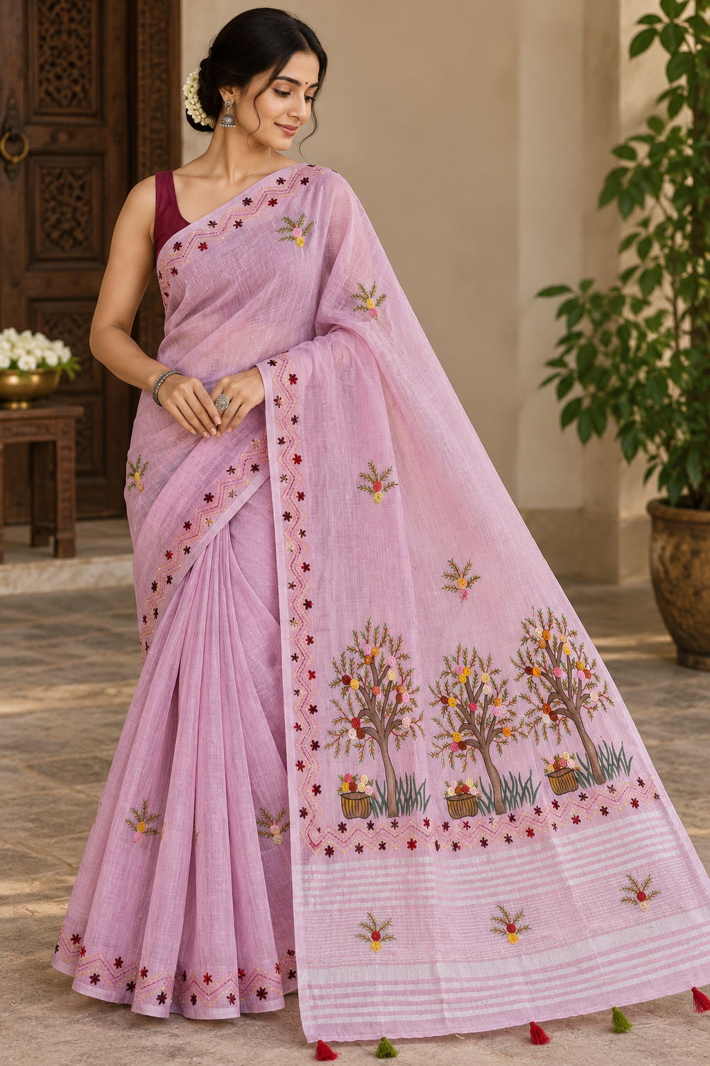 Dusty Lilac Linen-Cotton Saree with Hand Embroidery