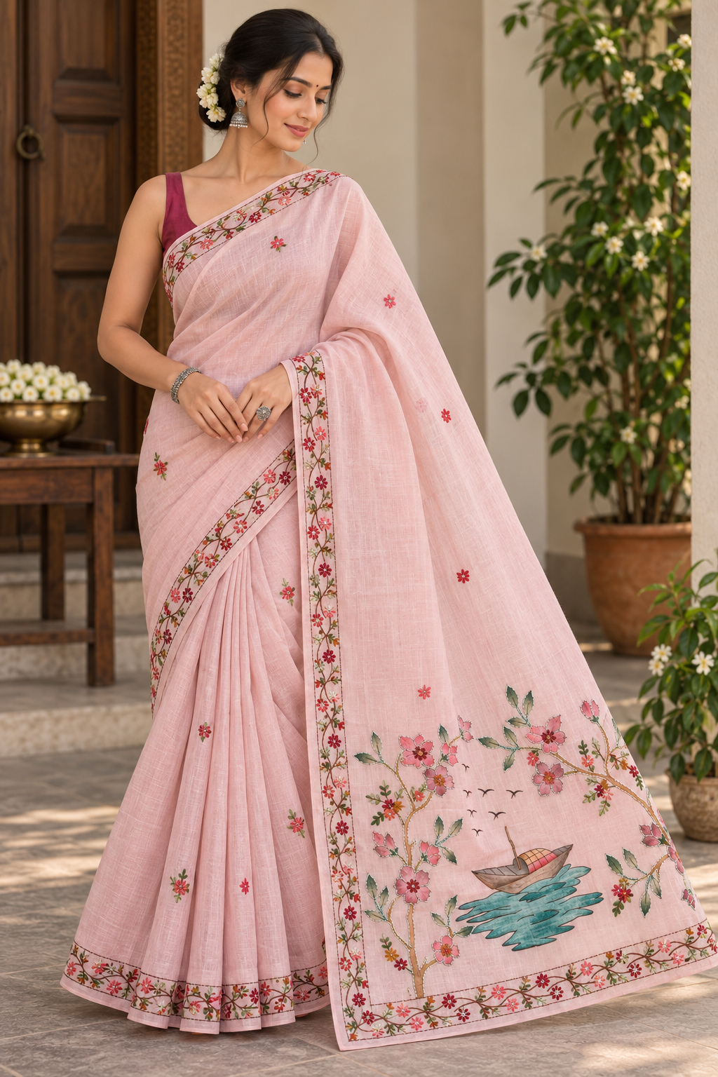 Soft Pink Linen-Cotton Hand-Embroidered Saree