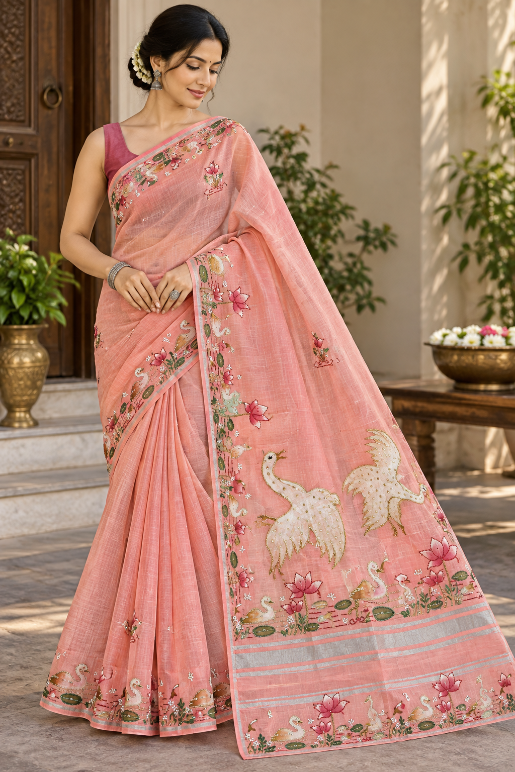 Coral Peach Linen-Cotton Hand-Painted Embroidered Saree