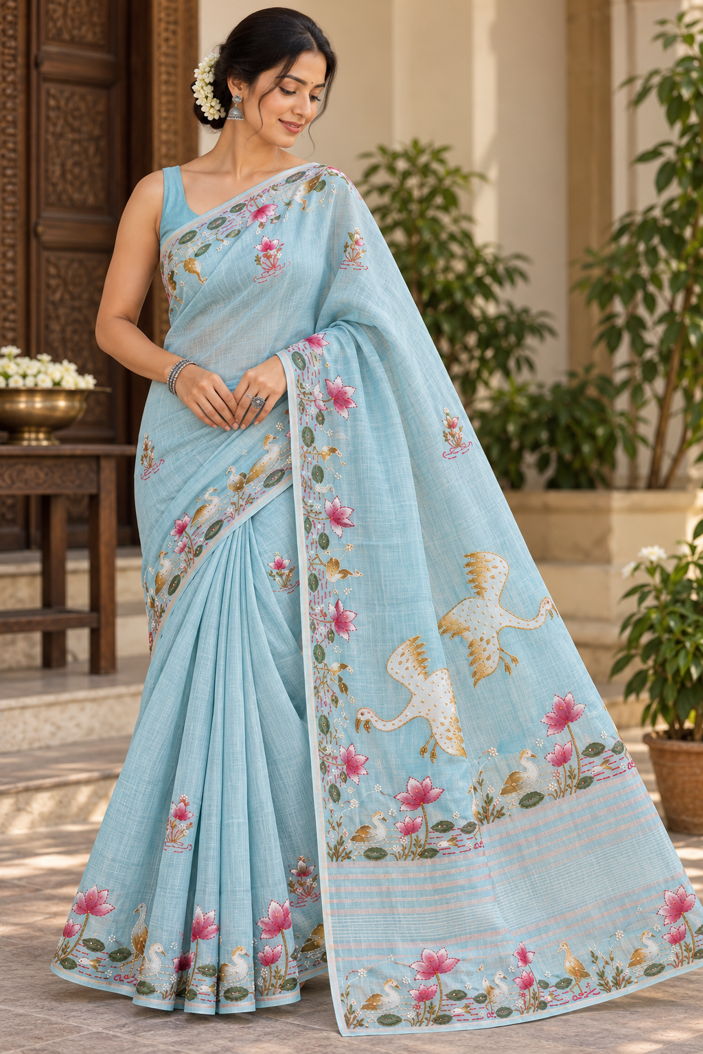 Pastel Blue Linen-Cotton Hand-Painted Embroidered Saree