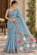 Dusty Blue Linen-Cotton Saree with Hand Embroidery
