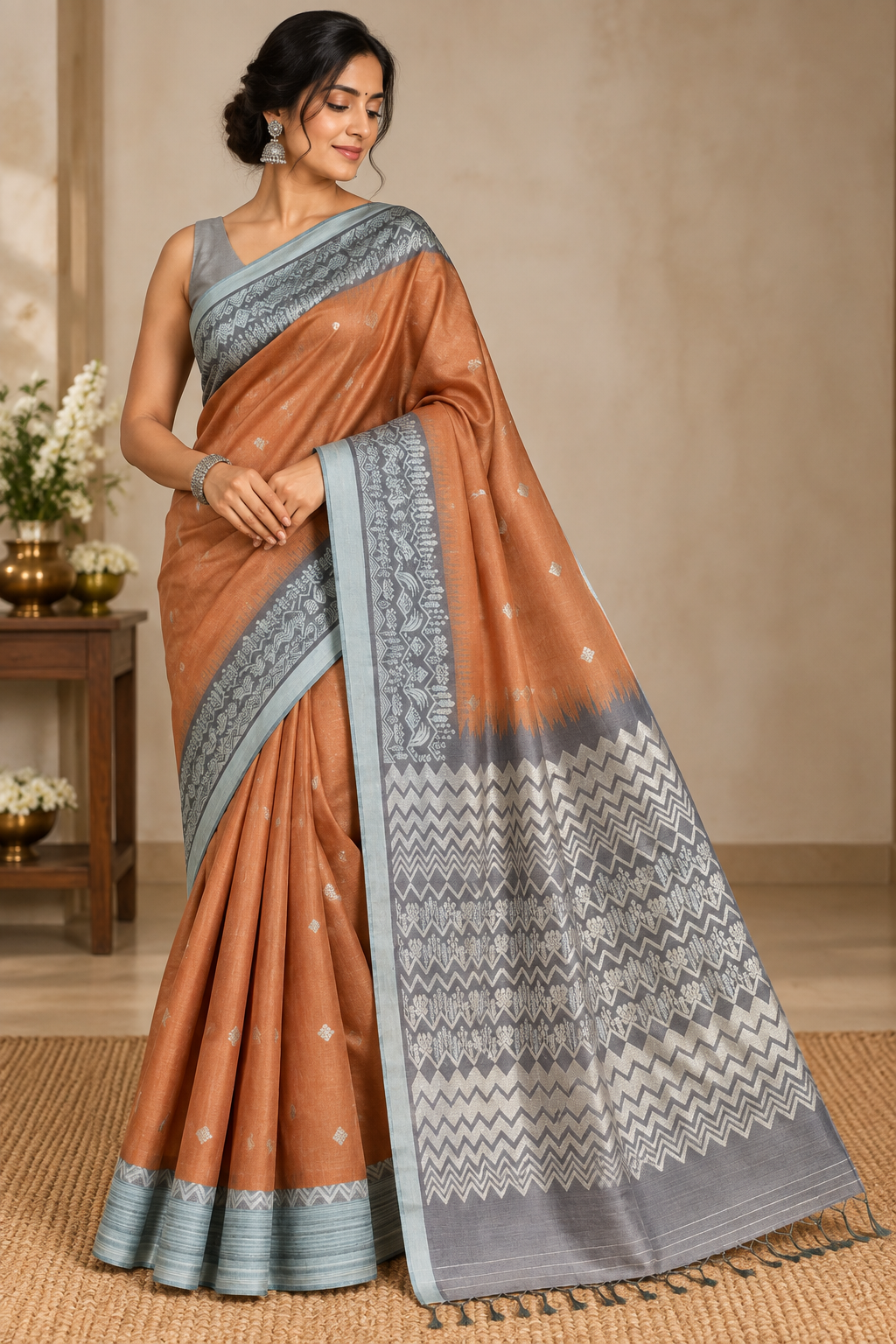 Burnt Peach Pure Tussar Jamdani Silk Saree