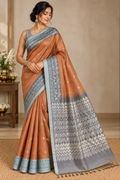 Burnt Peach Pure Tussar Jamdani Silk Saree