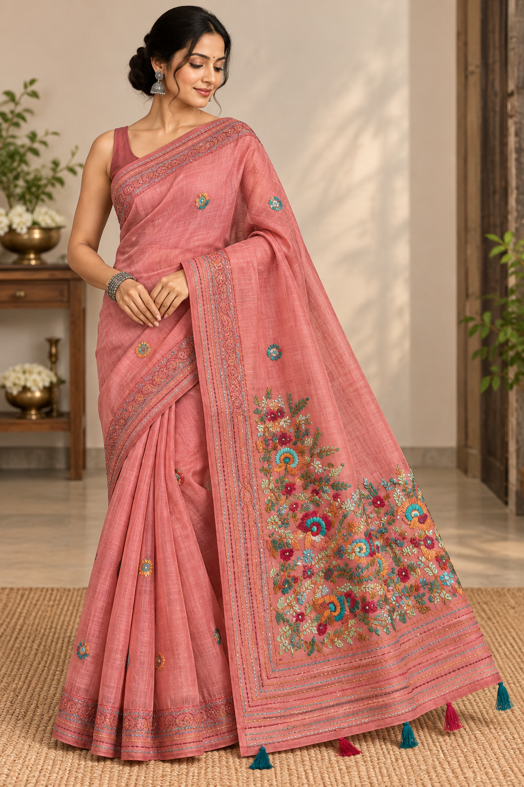 Coral Pink Linen-Cotton Saree with Hand Embroidery