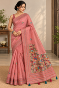 Coral Pink Linen-Cotton Saree with Hand Embroidery