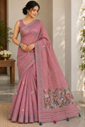 Dusty Rose Linen-Cotton Saree with Hand Embroidery
