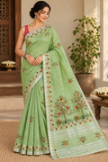 Leaf Green Linen-Cotton Saree with Hand Embroidery