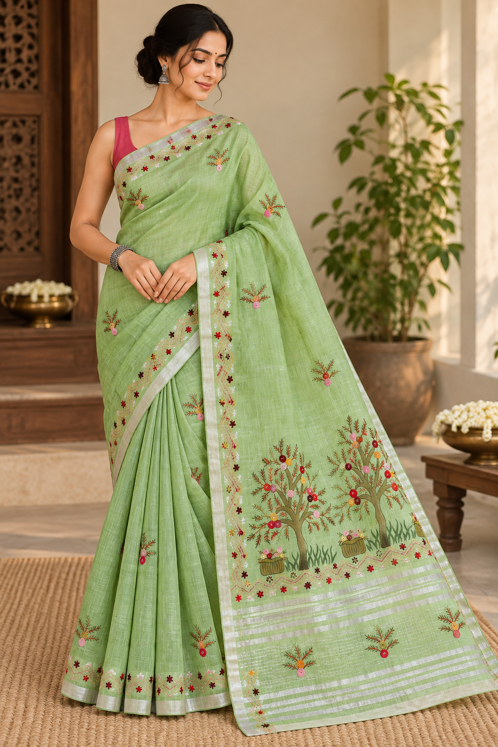 Leaf Green Linen-Cotton Saree with Hand Embroidery