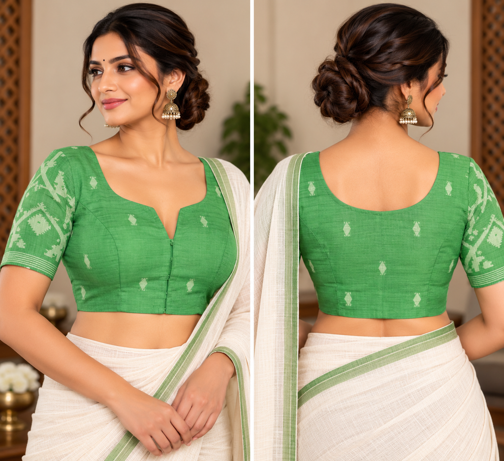 Banana Leaf Green Cotton Jamdani Blouse, Padded & Short-Sleeve