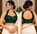 Dark Green Raw Silk Plain Padded Sleeveless Blouse
