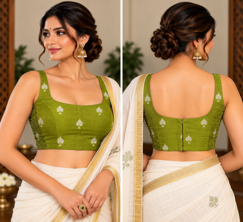 Banana Leaf Green Cotton Jamdani Stretchable Sleeveless Blouse