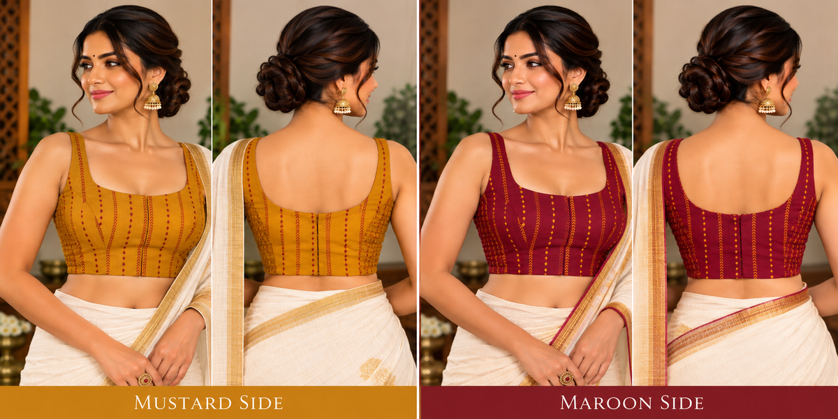 Reversible Stretchable Cotton Ultipalti Blouse – Mustard & Maroon Red