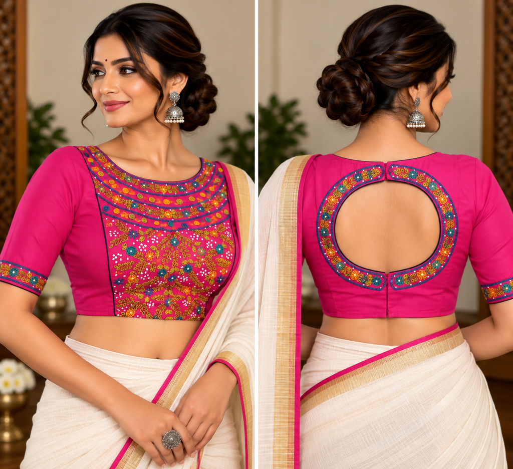 Magenta Pink Cotton Embroidered Padded Half-Sleeve Blouse