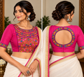 Magenta Pink Cotton Embroidered Padded Half-Sleeve Blouse