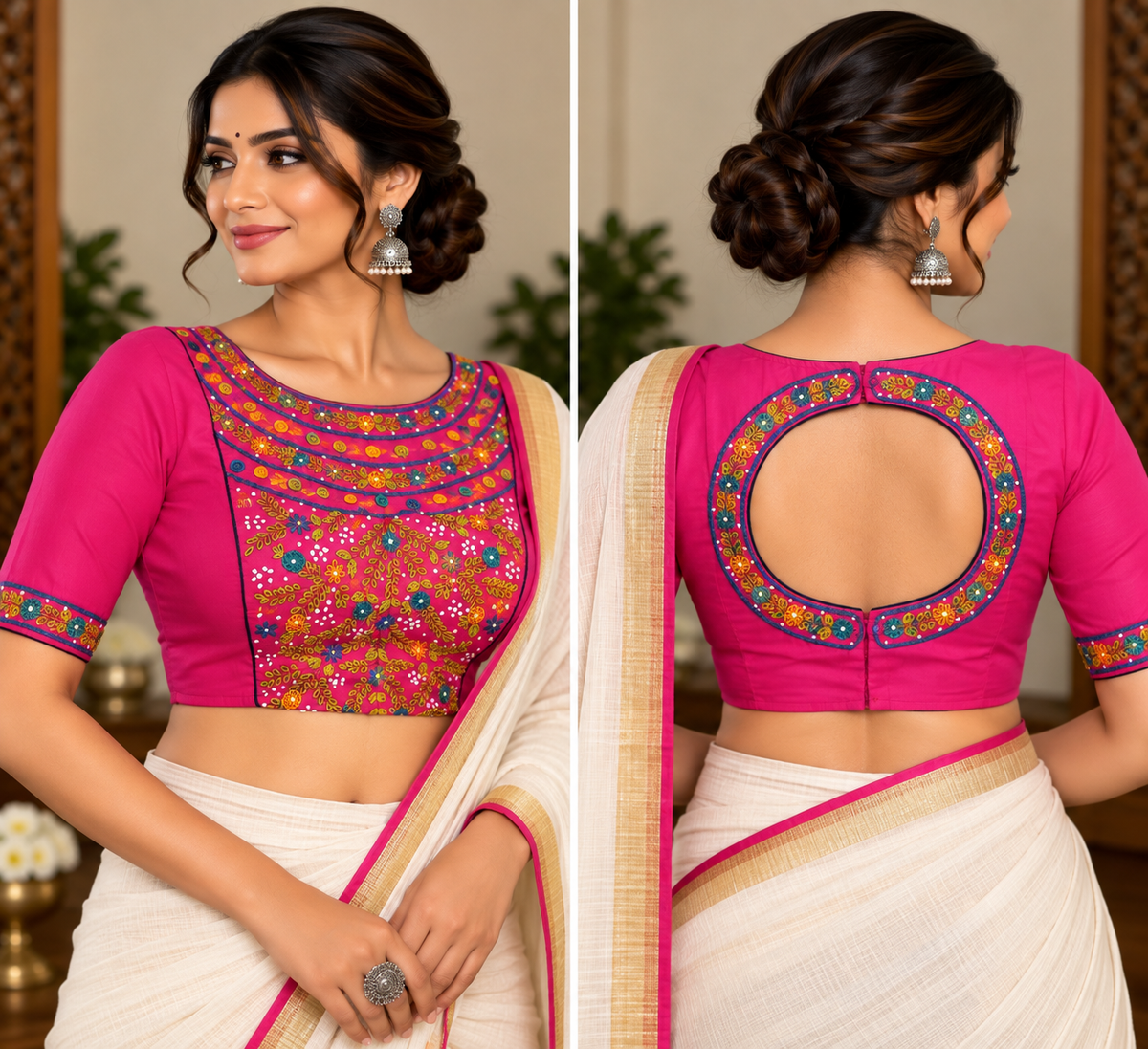 Magenta Pink Cotton Embroidered Padded Half-Sleeve Blouse