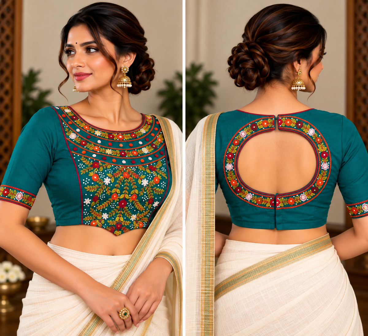 Teal Blue Cotton Embroidered Padded Half-Sleeve Blouse