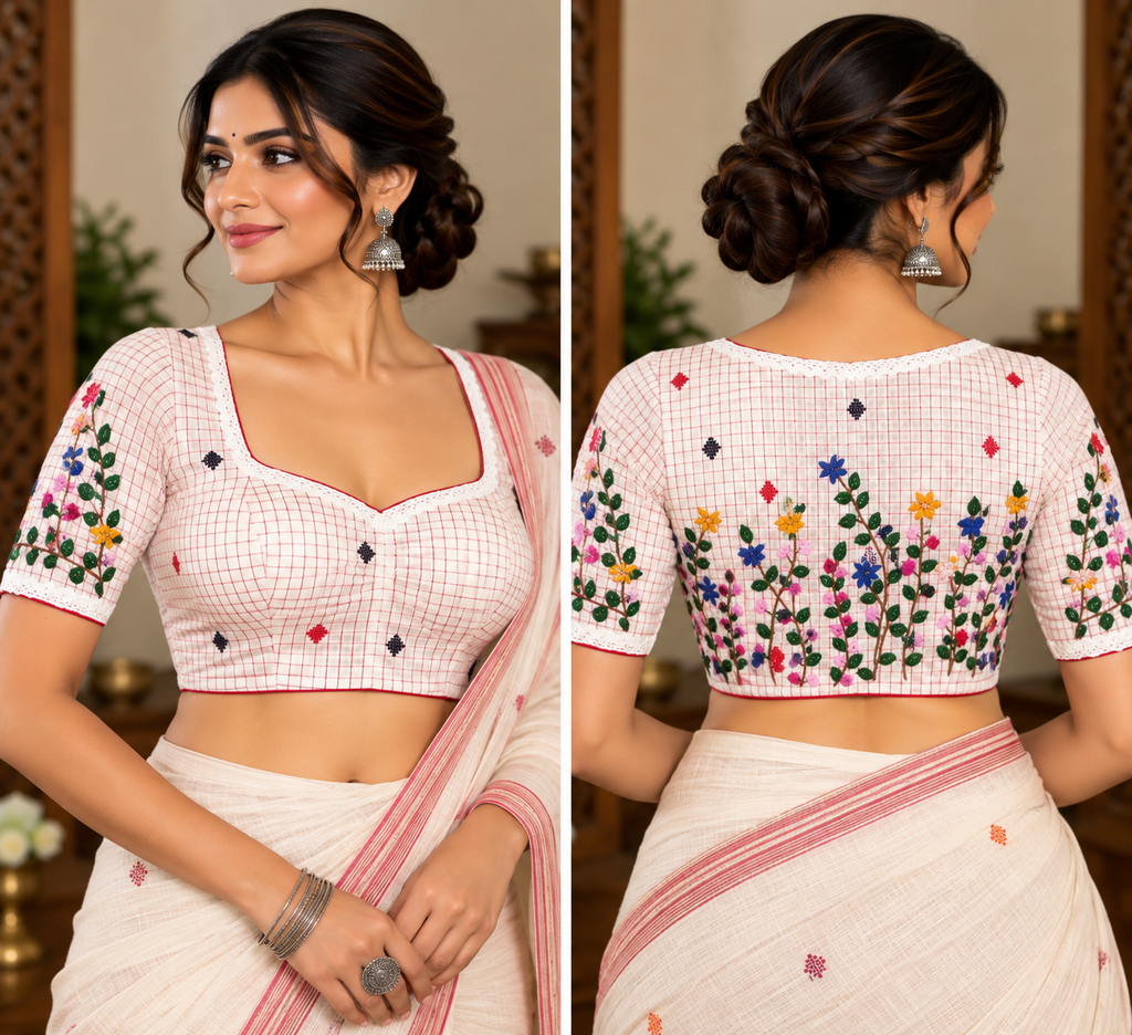 Cotton Multicolour Embroidery Half-Sleeve Padded Blouse