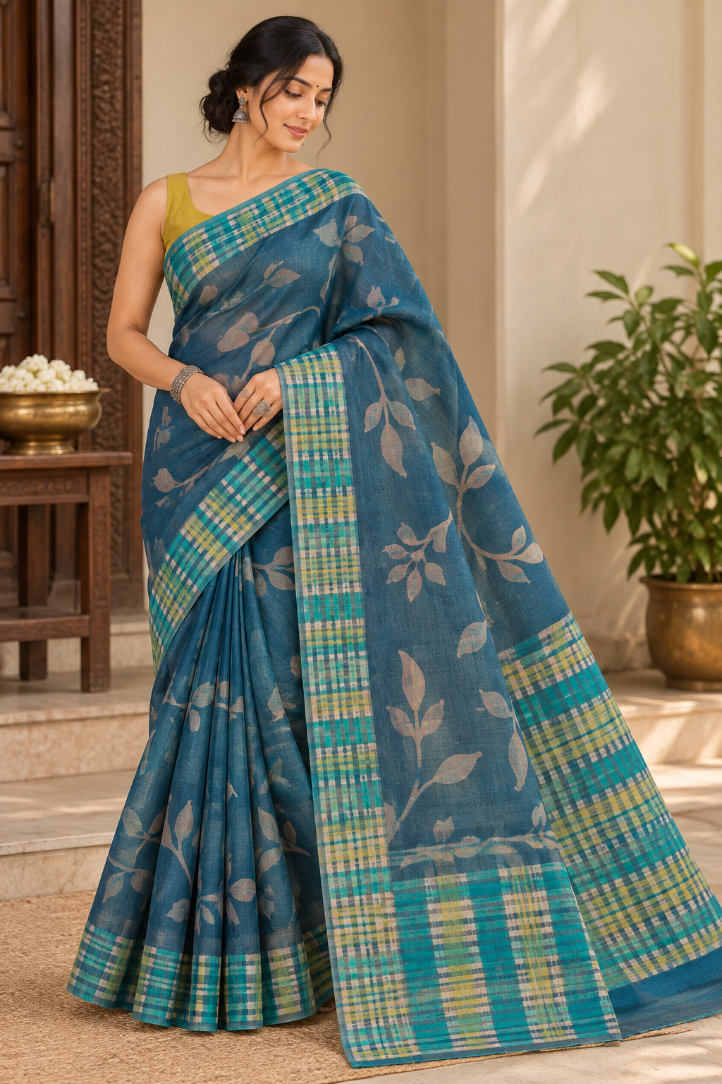 Digital Print Tussar Silk Saree - Deep Teal-Blue