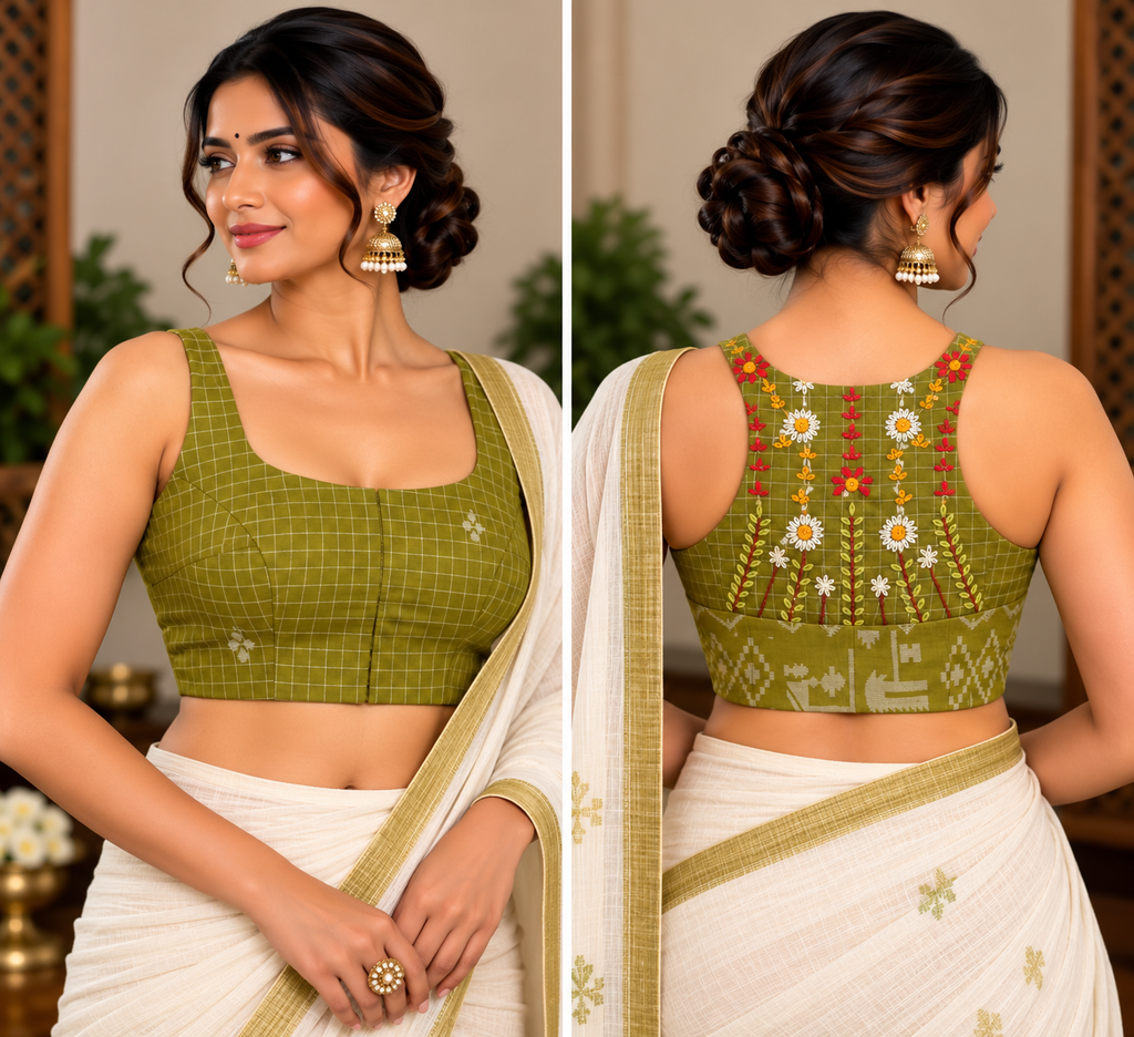 Olive Green Jamdani Razor-Cut Sleeveless Blouse with Back Hand Embroidery