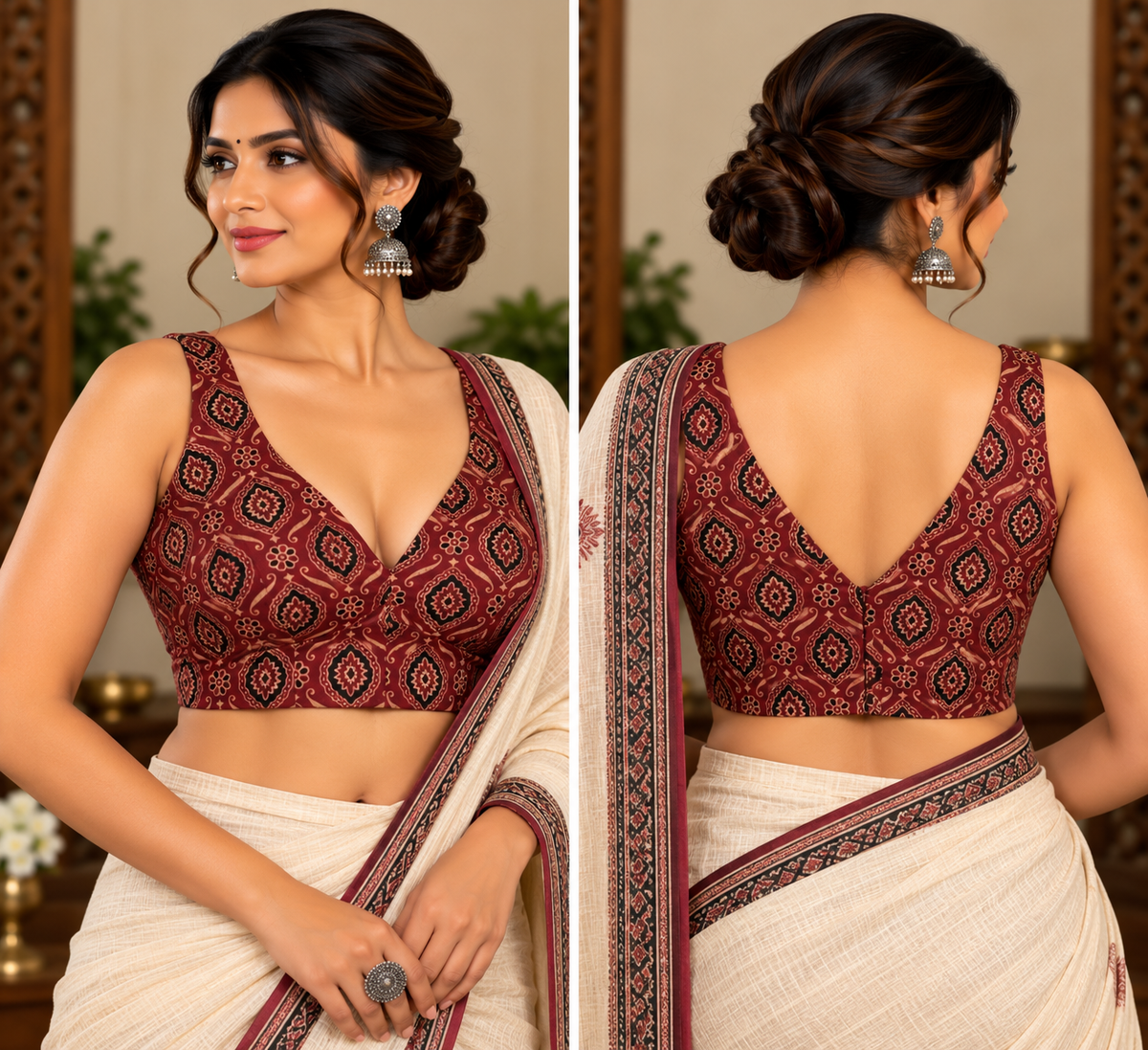 Modal Silk Ajrakh Maroon Sleeveless Padded Blouse