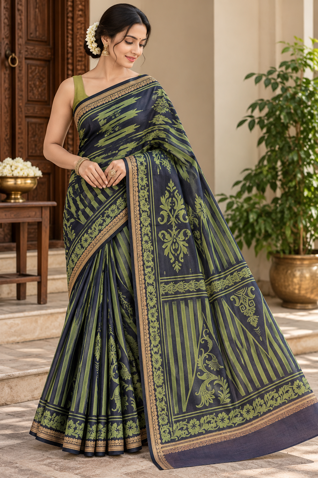 Indigo and Olive Green Pure Silk Saree with Geometric Motifs