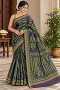 Indigo and Olive Green Pure Silk Saree with Geometric Motifs