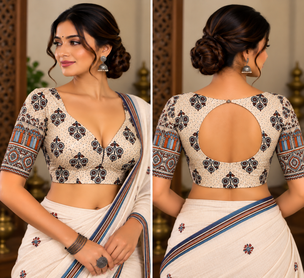White Modal Ajrakh-Inspired Padded Blouse with Oval-Cut Back