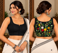 Black Cotton Jamdani Razor-Cut Blouse with Hand Embroidery