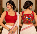 Red Cotton Jamdani Razor-Cut Blouse with Hand Embroidery