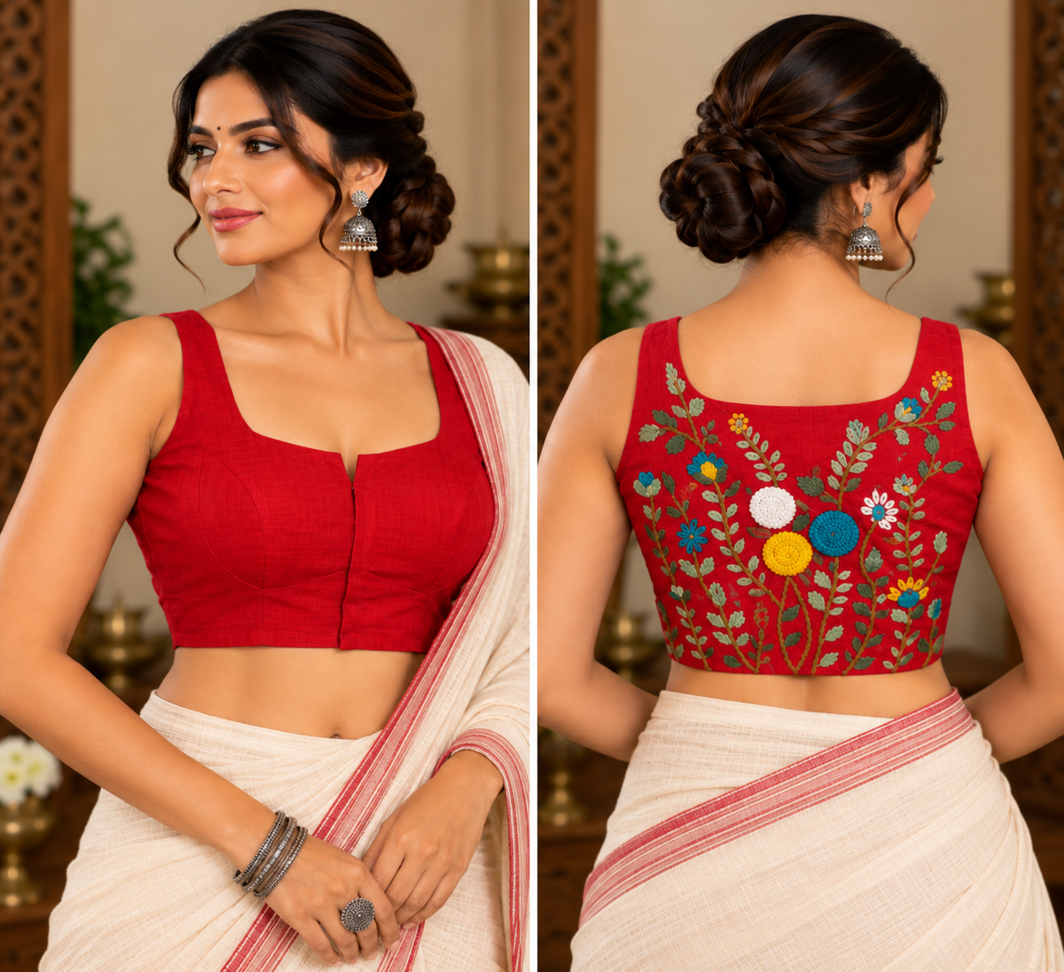 Red Cotton Jamdani Razor-Cut Blouse with Hand Embroidery