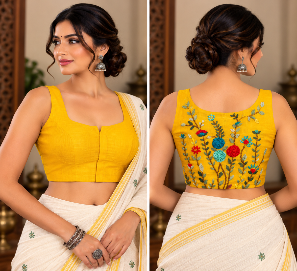 Yellow Cotton Jamdani Razor-Cut Blouse with Hand Embroidery