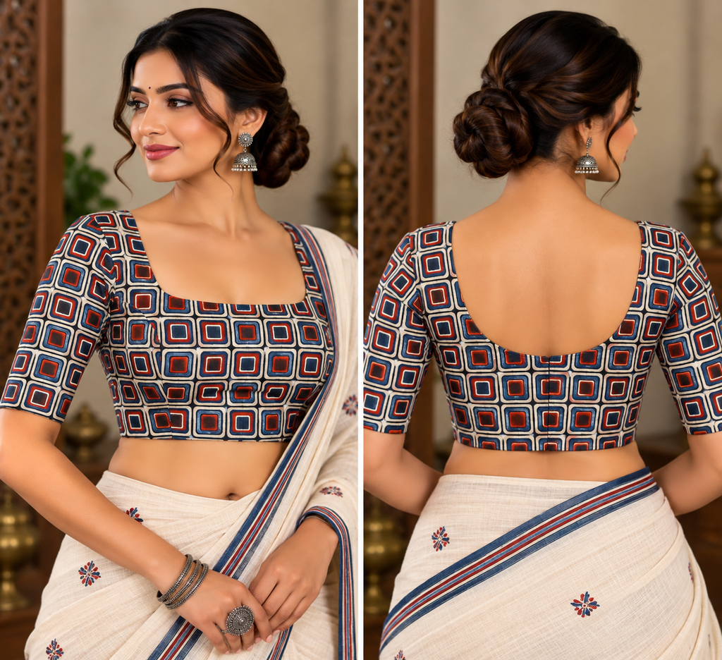 Ivory, Red & Blue Modal Ajrakh-Inspired Square-Print Padded Blouse
