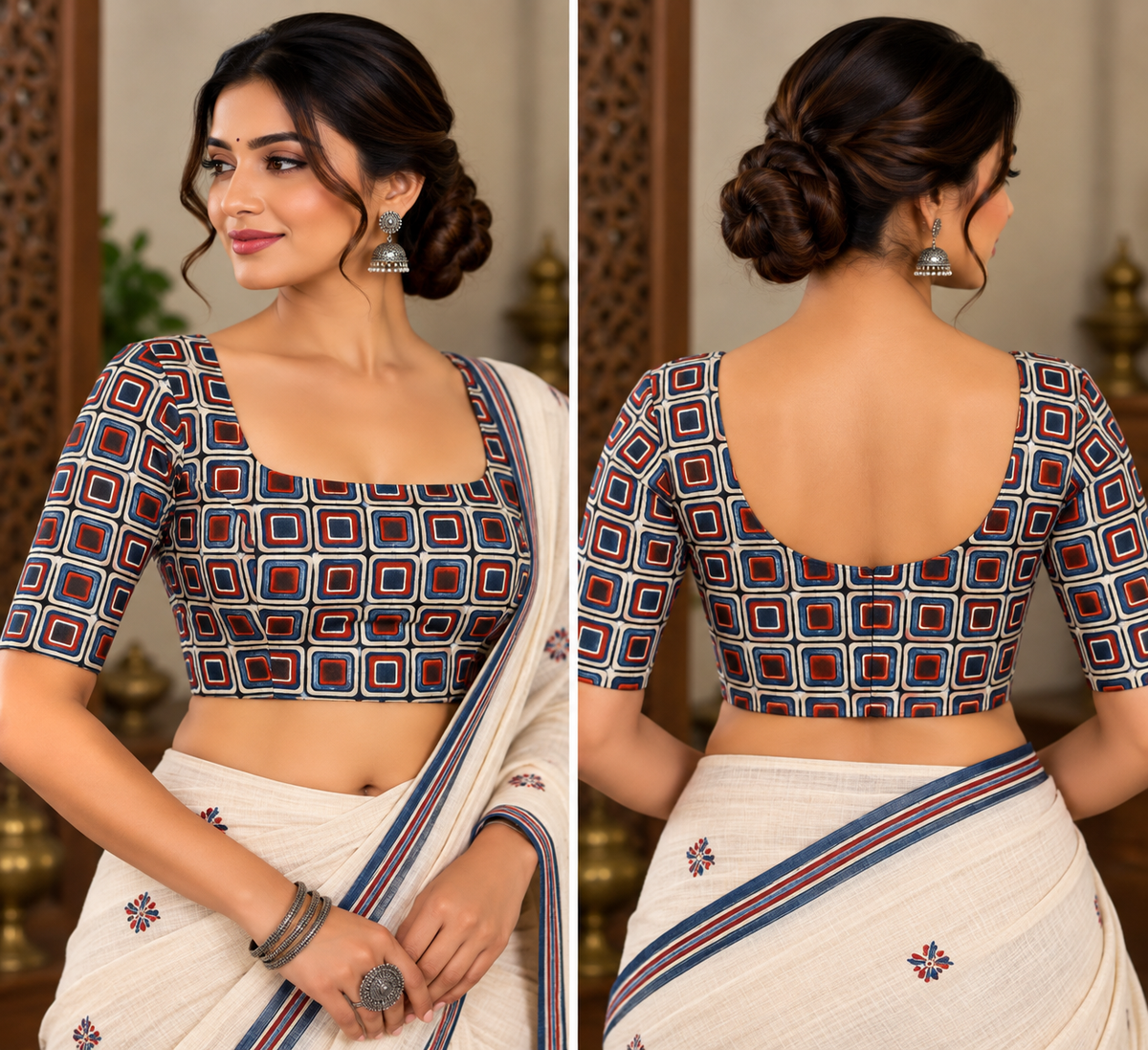 Ivory, Red & Blue Modal Ajrakh-Inspired Square-Print Padded Blouse