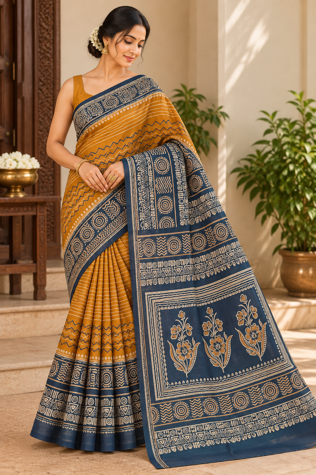 Mustard and Black Pure Silk Saree with Floral Pallu