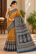 Mustard and Black Pure Silk Saree with Floral Pallu