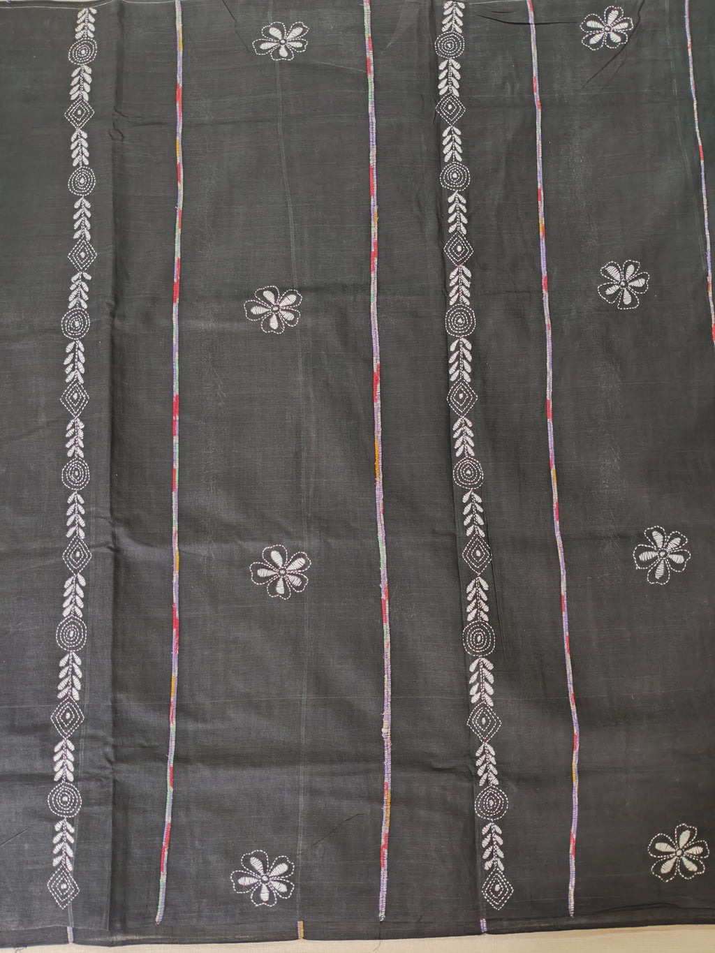 Pure Khadi Khesh Saree with Hand Kantha Embroidery – Black