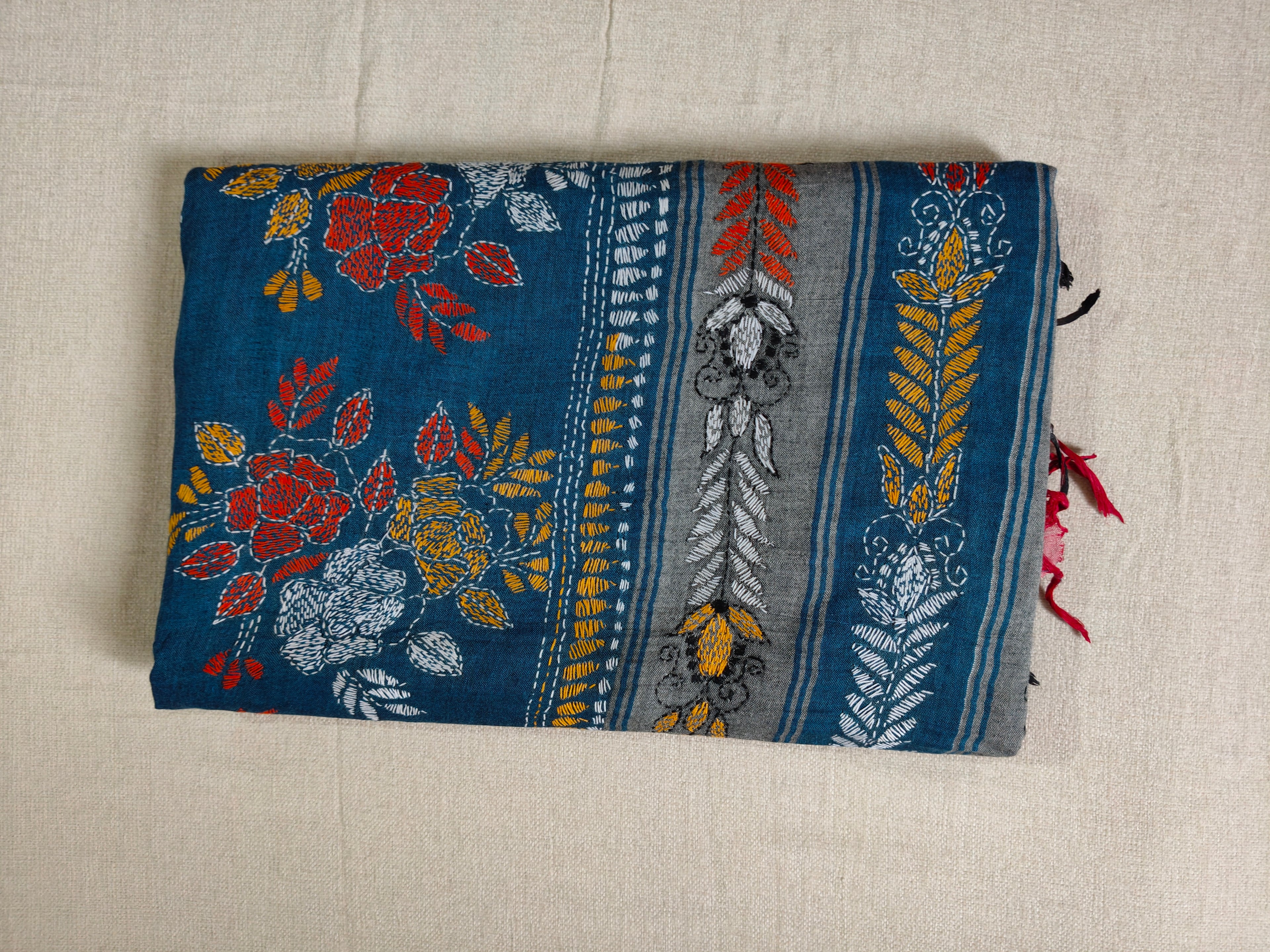 Handwoven Khadi Cotton Saree with Floral Kantha-Inspired Motifs