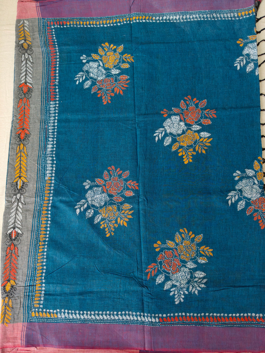 Handwoven Khadi Cotton Saree with Floral Kantha-Inspired Motifs