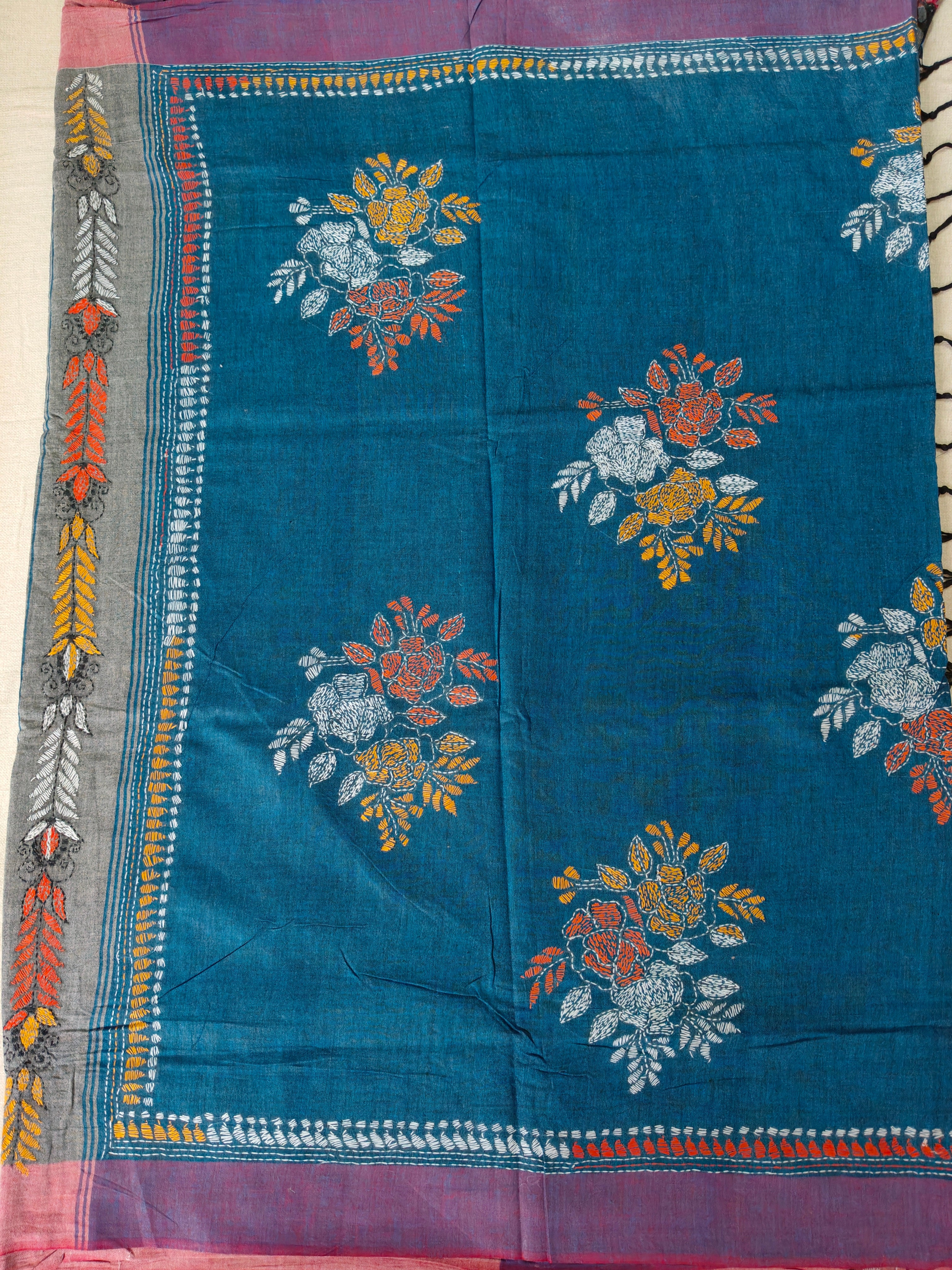 Handwoven Khadi Cotton Saree with Floral Kantha-Inspired Motifs