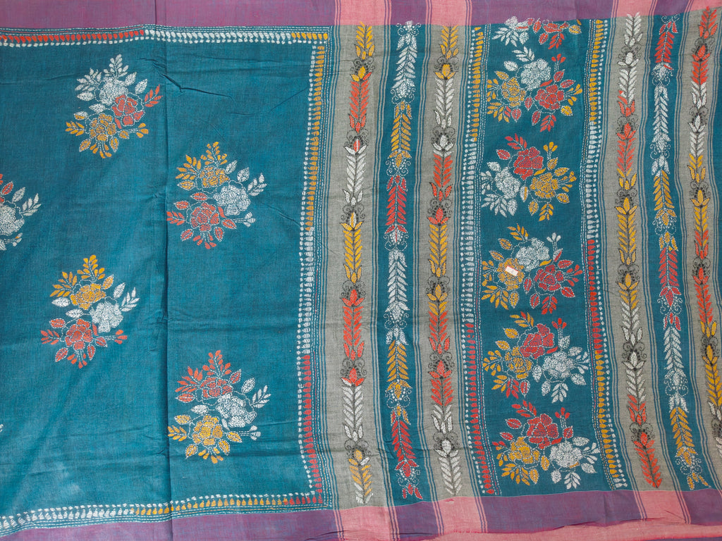 Handwoven Khadi Cotton Saree with Floral Kantha-Inspired Motifs