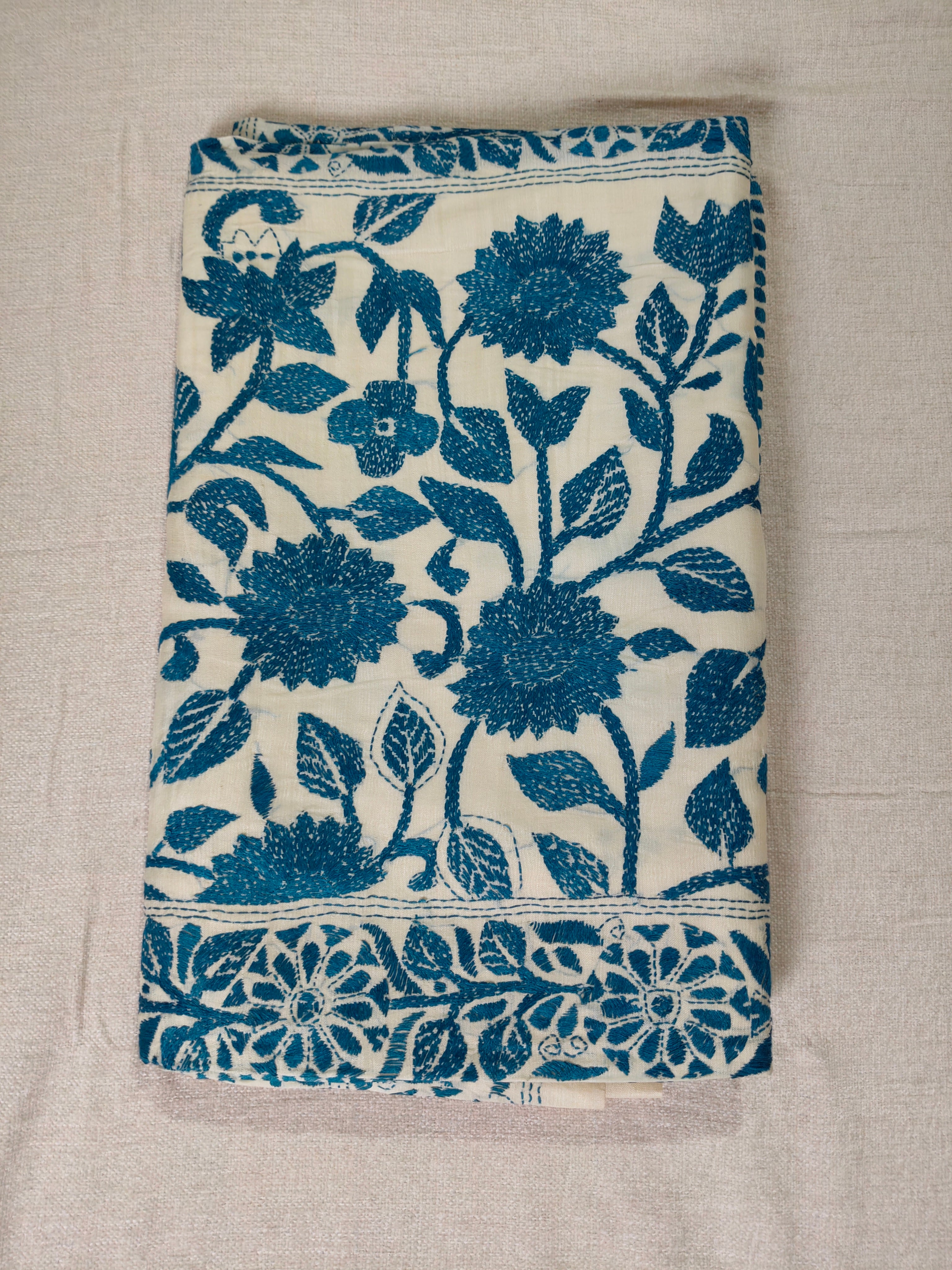 Pure Bengal Tussar Silk Kantha Booti Design Saree – Ivory White & Indigo Blue