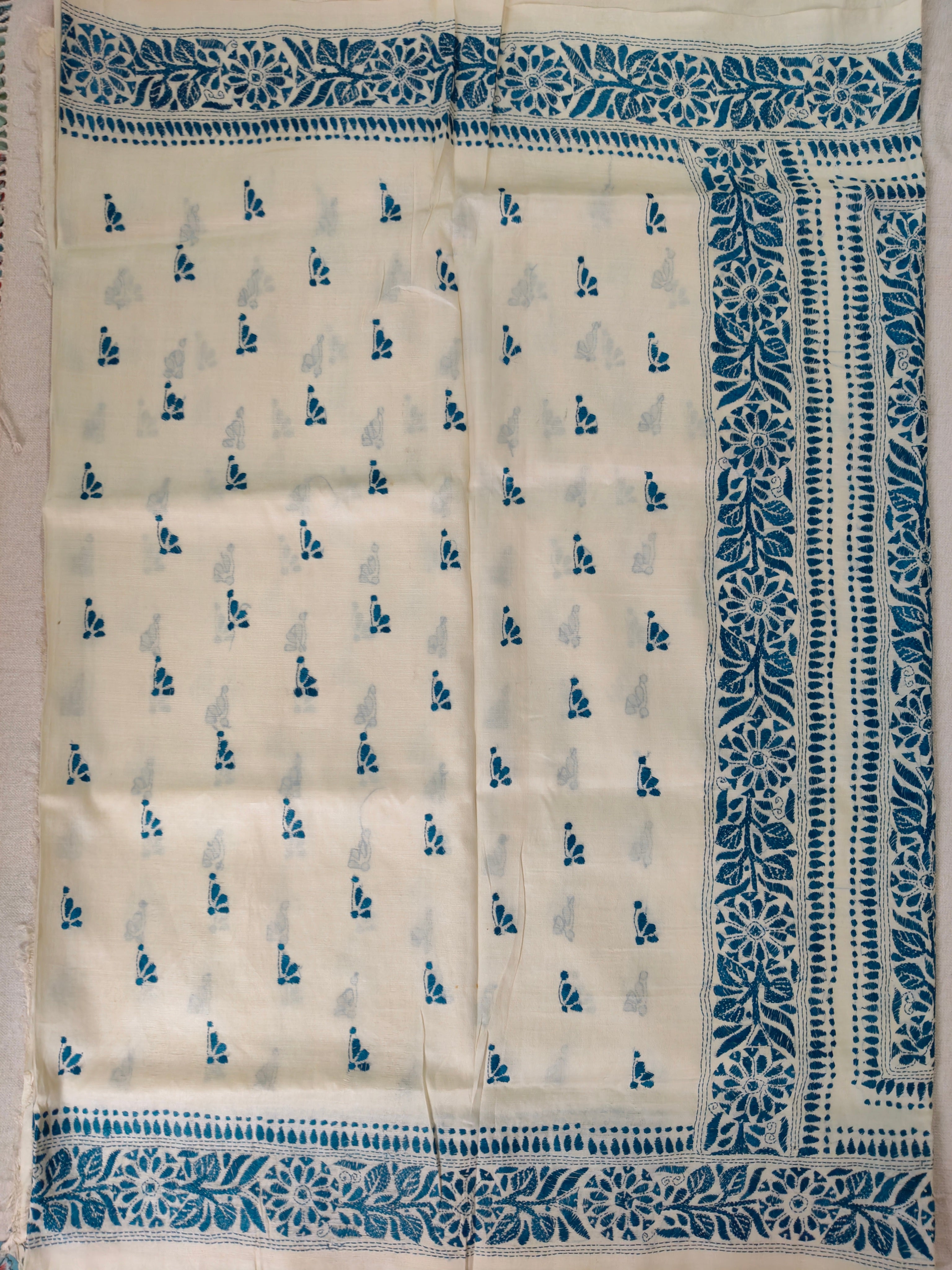 Pure Bengal Tussar Silk Kantha Booti Design Saree – Ivory White & Indigo Blue