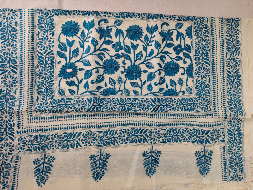 Pure Bengal Tussar Silk Kantha Booti Design Saree – Ivory White & Indigo Blue