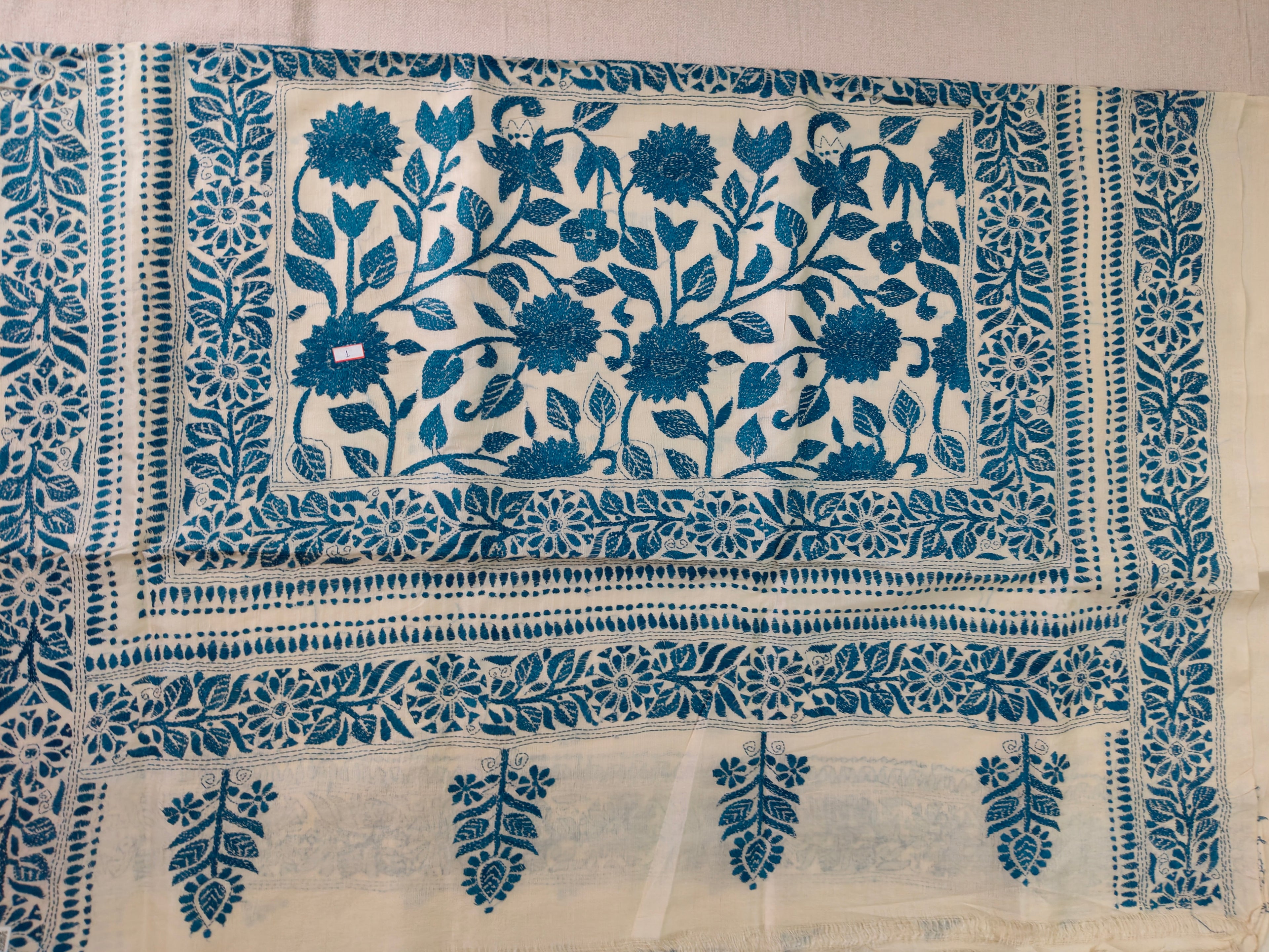 Pure Bengal Tussar Silk Kantha Booti Design Saree – Ivory White & Indigo Blue